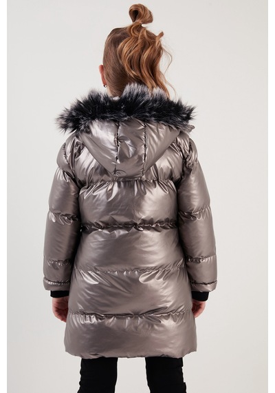 Lela Peluş Astarlı Yakası Suni Kürklü Çıkarılabilir Kapüşonlu Kışlık Kız Çocuk Mont 5761908 Bronz