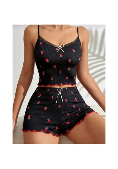 Selveta Kadın Siyah Penye İp Askılı Şortlu İnce Gecelik Pijama Takımı Çok Renkli