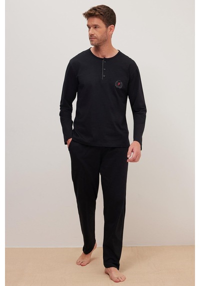 Tudors Erkek Standart Fit %100 Pamuk Bisiklet Yaka Beli Lastikli Siyah Pijama Takımı-37949 Siyah