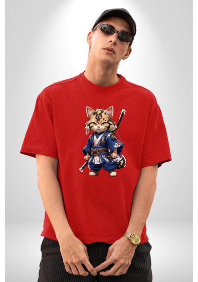 Asyalı Kedi Samuray Savaşcı Pamuklu Bisiklet Yaka Unisex Oversize Boyfriend Dijital Baskılı Kırmızı T-shirt Kırmızı