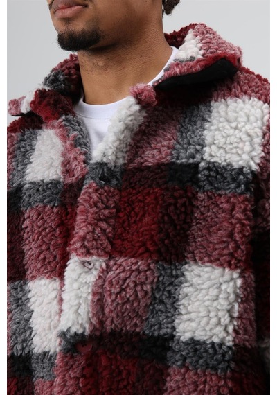 Vamos Oversize Peluş Ekose Ceket Bordo