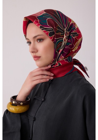 Belli Çiçek Desen %100 Twill İpek Eşarp Be13 Kırmızı