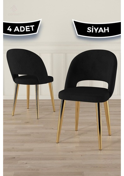 Canisa Pane Serisi 4 Adet Siyah Mutfak Sandalyesi Gold Kaplama Metal Ayak 1. Sınıf Babyface Kumaş Sandalye Siyah Ayaklar Gold