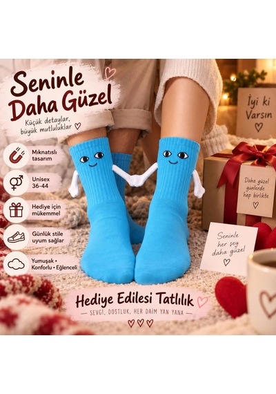 Womanandkids Wak Mıknatıslı El Ele 2'li Unisex Tutuşan Sevimli Çorap 36-44 Çift Hediyesi, Pamuklu Renkli Crew M Mavi