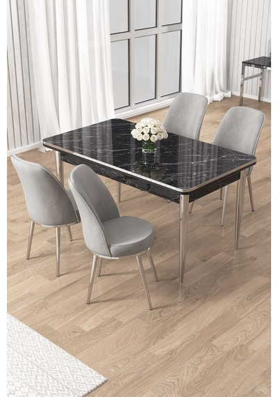 Canisa Rewa Serisi 70x110 Sabit Siyah Mermer Desen Krom Detay Masa Takımı Ve 4 Gri Sandalye Masa Siyah Mermer Sandalye Gri Krom Ayak Canisa Rewa Serisi 70x110 Sabit Siyah Mermer Desen Krom Detay Masa Takımı Ve 4 Gri Sandalye Masa Siyah Mermer Sandalye Gri Krom Ayak