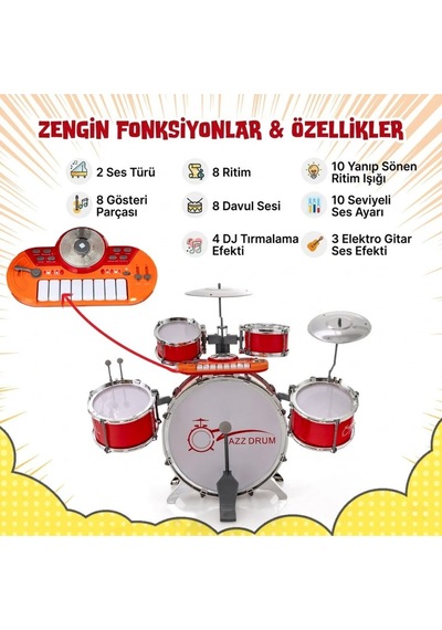 Mikrofonlu Işıklı Sesli Bateri Seti - Piyanolu Tabureli Bagetli Eğitici Çocuk Bateri Takımı Kırmızı