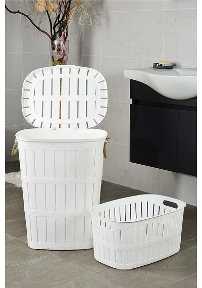 Bambu Ahşap Görünümlü Halatlı Kirli Sepeti Ve Temiz Çamaşır Sepeti Seti 62 Lt - Beyaz - 225960001 Beyaz