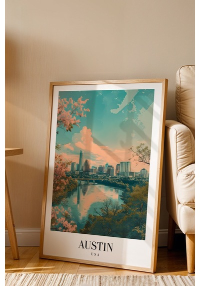 Austin Usa Vintage Seyahat Posteri Çerçeveli Tablo - Premium Şehir Manzaralı Elit Duvar Dekoru Kayın