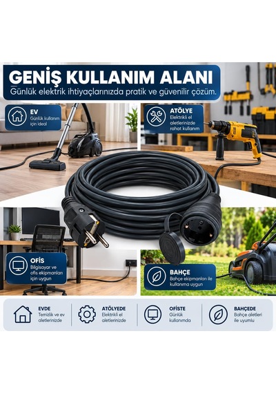 3x1.5mm%100 Bakır Ttr Topraklı Seyyar Uzatma Kablosu Siyah, 5 Metre Diger