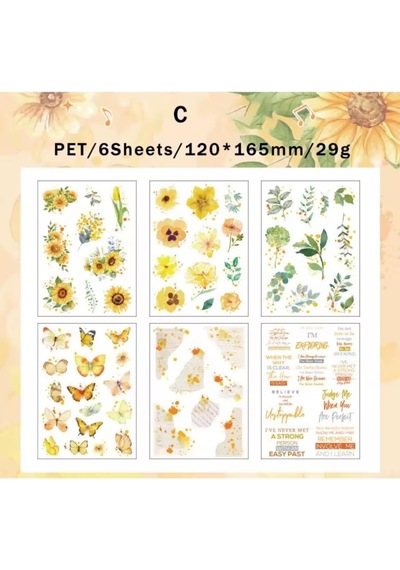 Lexroo Craft 6 Sayfa 60 Adet Şeffaf Büyük Sarı Çiçek Sticker Bullet Journal Scrapbook Laptop Ajanda