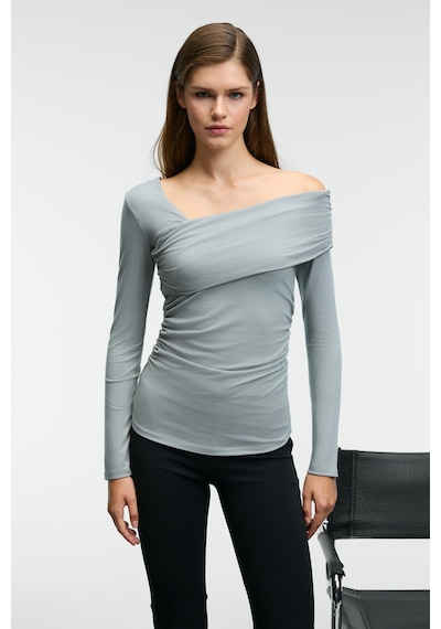 Grımelange VELMEA Kadın Asimetrik Yaka Omuz Detaylı Slim Fit Açık Gri Bluz