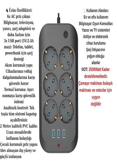 Ftr11 3xusb 6xsoket Termal Akım Korumalı 2 Metre Uzatma Kablolu A