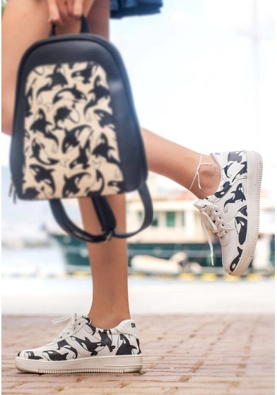 Kadın Vegan Deri Beyaz Sneakers - Flowing Orca Tasarım Çok Renkli