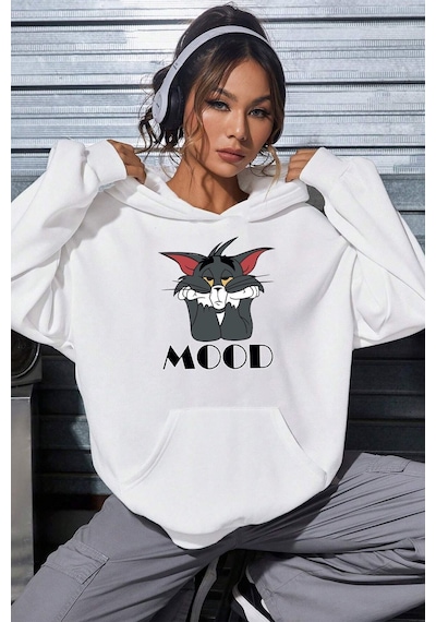 Uyguntarz Mood Baskılı Unisex Oversize Sweatshirt beyaz