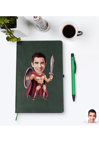 Kişiye Özel Spartalı Karikatürlü Yeşil Termo Deri Defter Kalem Se