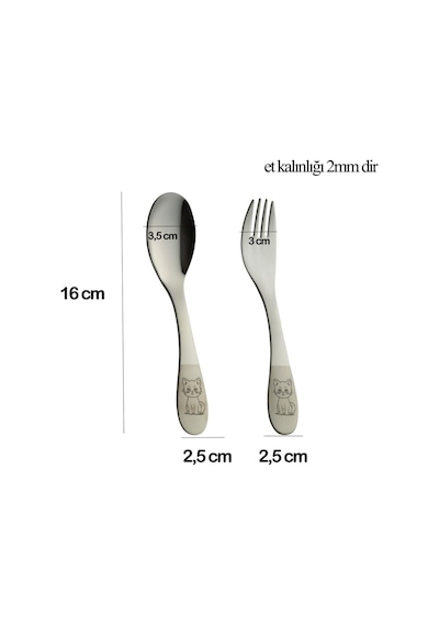 Emze Çocuk Paslanmaz Çelik Çatal Kaşık Seti Kedi Desenli Gümüş