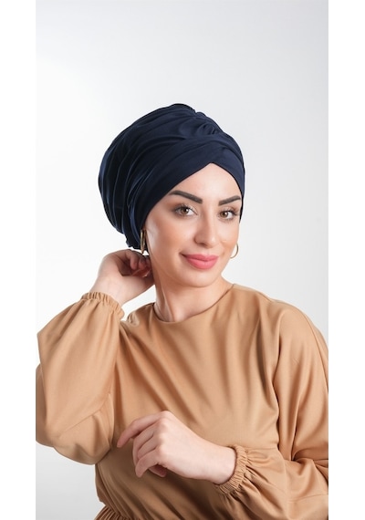Hürrem Bone Lacivert Pratik Hazır Geçmeli Tesettür Bone Sandy Kumaş Büzgülü 2 Lacivert