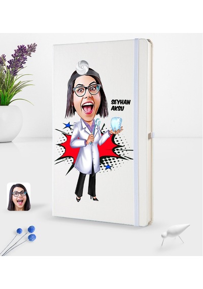 Kişiye Özel Kadın Diş Hekimi Karikatürlü Beyaz Termo Deri Defter (540169813)