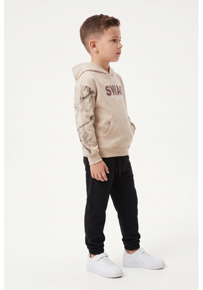 Toontoy Kids Toontoy Erkek Çocuk Kapüşonlu Swag Baskılı Eşofman Takım Bej