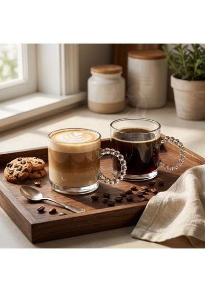 Melorine 2 Li Boncuk Kulplu Cam Kupa Seti, 325 Ml Şeffaf Cam Çay Kahve Bardağı, Dekoratif Yuvarlak Boncuk Saplı Latte Bitki Çayı Meşrubat Sunum Kupası Beyaz - Çok Renkli