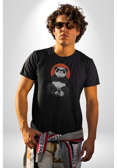 Yoga Panda Unisex Unisex Siyah Organik Baskılı T-shirt Penye Yüksek Kalite Siyah