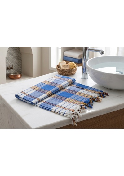Ludıa %100 Pamuk Ekose Peştemal Havlu Mavi Çizgili Saçaklı Plaj Ve Banyo Peştemali 79x190 Cm Mavi Beyaz Sarı