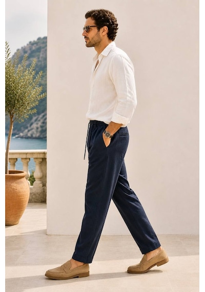 Danger Erkek Pamuk Viskon Kumaş Keten Görünümlü Lacivert Slim Fit Pantolon - 216dngr