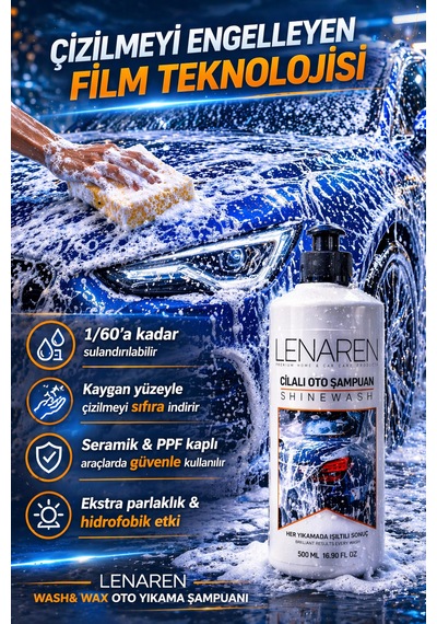 Lenaren Shinewash Cilalı Oto Şampuanı 500 Ml Wash & Wax Parlaklık Veren