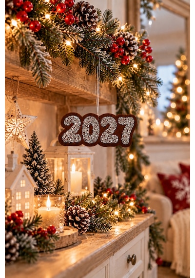 12'li Taşlı Keçe Yılbaşı Ağacı Süs Seti 2027 Yeni Yıl Dekoru Kahverengi