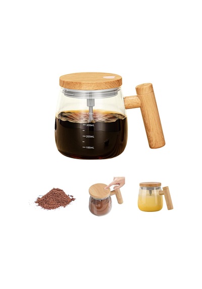 3 Adet Otomatik Karıştırıcılı Cam Kupa Şarjlı Kendini Karıştıran Fincan, Ahşap Görünümlü Kulplu, Ölçü Çizgili, Self-stirring Mug