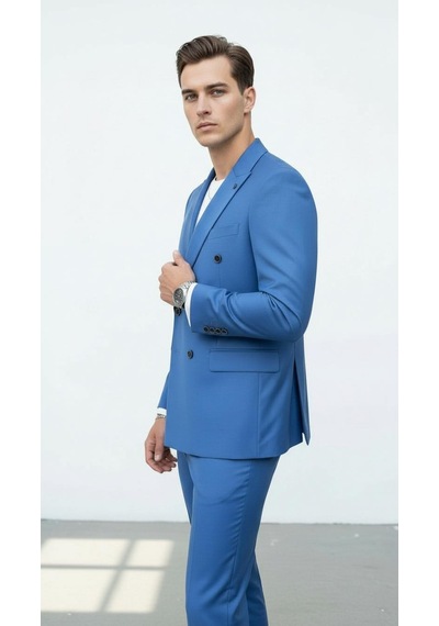Plus Scorpion Gold Düğmeli Kruvaze Erkek Blazer Ceket Premium Kumaş, Slim Fit Şıklık Bebe Mavisi