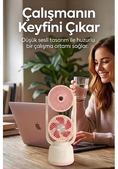 Şarjlı Çift Su Püskürtmeli 3 Kademeli Ayarlanabilir Masaüstü Fan Pembe