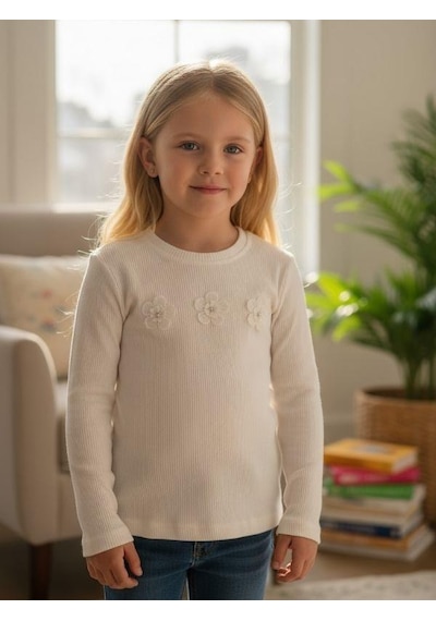 Zekids Kız Çocuk Çiçek Desenli Fitilli Uzun Kollu T-shirt-16385 Ekru