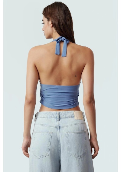 Ersefa Vücuda Oturan Boyundan Bağlamalı Crop Bluz Polyester Elastan Sand Mavi