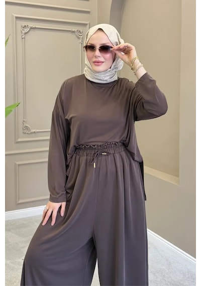 Balenbi Kadın Modal Kumaş Oversize Bol Paça Pantolon Rahat Kalıp İkili Tesettür Takım 1222 - Premium Seri Kahverengi Balenbi Kadın Modal Kumaş Oversize Bol Paça Pantolon Rahat Kalıp İkili Tesettür Takım 1222 - Premium Seri Kahverengi