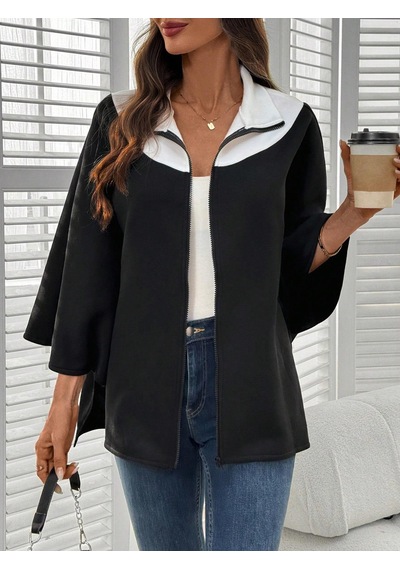Kadın Panço Fermuarlı Sweat Oversize Kesim, 3 İplik Şardonlu Kumaş Siyah