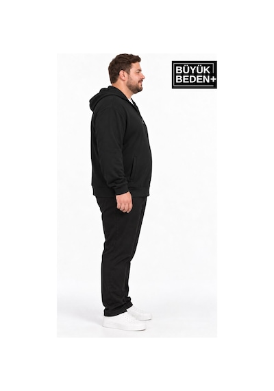 Süperlife Erkek Büyük Beden İki İplik Kapüşonlu Fermuarlı Cepli Sweatshirt Hırka Spr26bhr961 Siyah