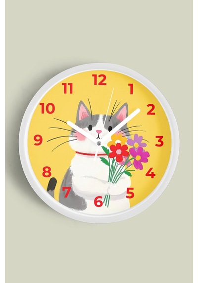Sevimli Kedi Çocuk Odası Duvar Saati - 30cm - Önü Camlı Beyaz Kasa - Sessiz Mekanizma-jh1125 Beyaz