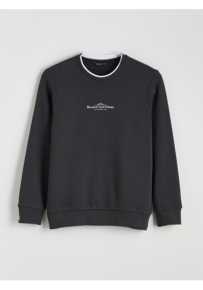 Lcwaıkıkı Classic Antrasit Bisiklet Yaka Baskılı Erkek Sweatshirt
