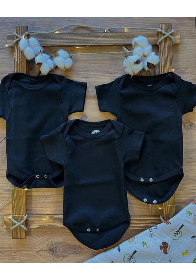 Betül Bebek Kısa Kollu 3'lü %100 Organik Pamuk Çıtçıtlı Bebek Body & Zıbın 3adet Siyah