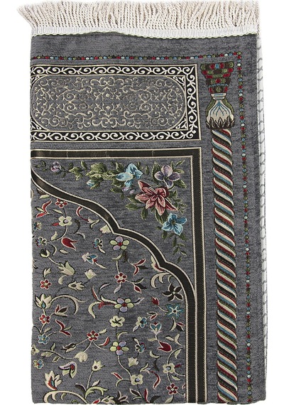 Gri Çiçekli Ravza Desenli Astarlı Şönil Seccade 001