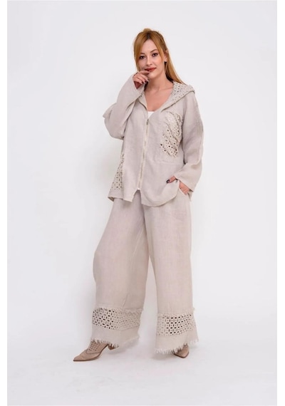 Bohem Stil İtalyan Fisto Detaylı Keten Pantolon-8748 Bej