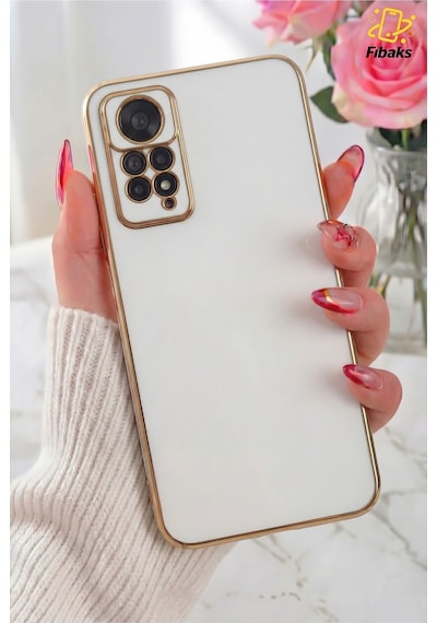 Fibaks Redmi Note 11 Pro/12 Pro 4G Uyumlu Kılıf Parlak Kenarlı Altın Işlemeli Kamera Korumalı Kapak Beyaz