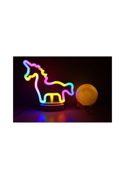 Sevimli Renkli Neon Unicorn Ve 3d Küre Stantlı, Pil + Kablo&apos Lu Gece Lambası Çocuk Odası Festival Parti Dekorasyon .