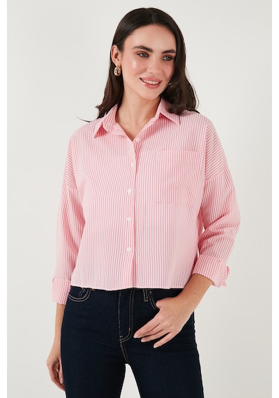 Lela Regular Fit Çizgili Göğüs Cepli Dokulu Bayan Gömlek 6772870 Şeker Pembe