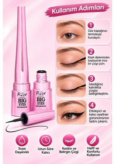 3b Trend Big Eyes Waterproof Siyah Likit Eyeliner Suya Dayanıklı, İnce Uçlu Göz Kalemi 001 Black