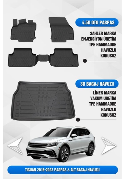 Volkswagen Tiguan 2016-2023 Uyumlu 4.5d Premium Havuzlu Oto Paspas Ve Liner Alt Bagaj Havuzu