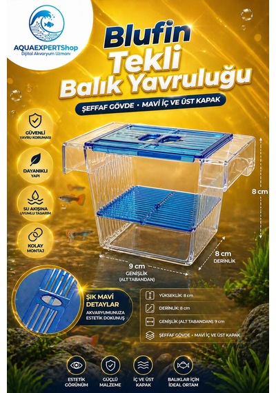 Akvaryum Tekli Yavruluk - Kolay Kurulum - Şeffaf Yapı - Mavi Kapak