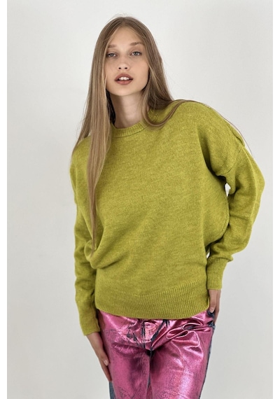 Miss Poem Kadın Oversize Bisiklet Yaka Uzun İnce Yeşil Triko Kazak Yesil