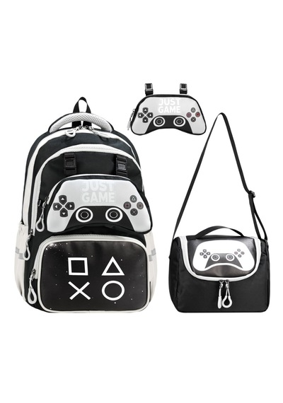 Game Over Baskılı Ortopedik Su Geçirmez Ultra Lüx Okul Çantası Termal Beslenme Ve Kalemlik Siyah